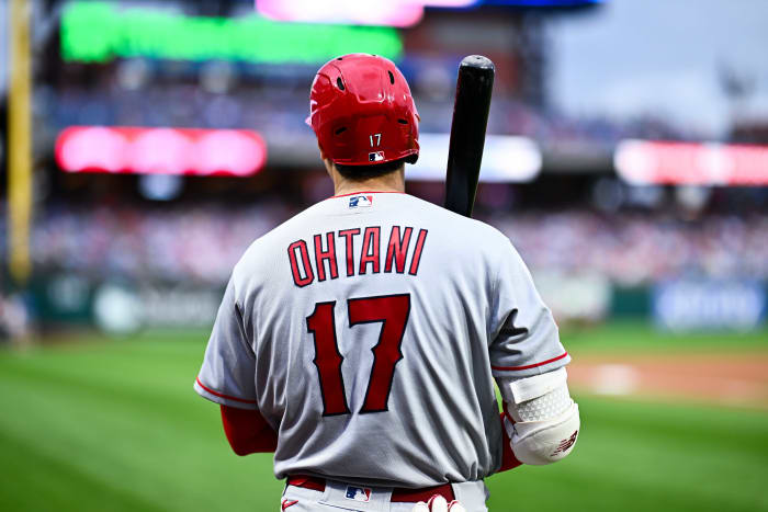 Aug 29, 2023; Philadelphia, Pennsylvania, USA; Los Angeles Angels designated hitter Shohei Ohtani (17) looks on before the game against the Philadelphia Phillies at Citizens Bank Park. Mandatory Credit: Kyle Ross-USA TODAY Sports